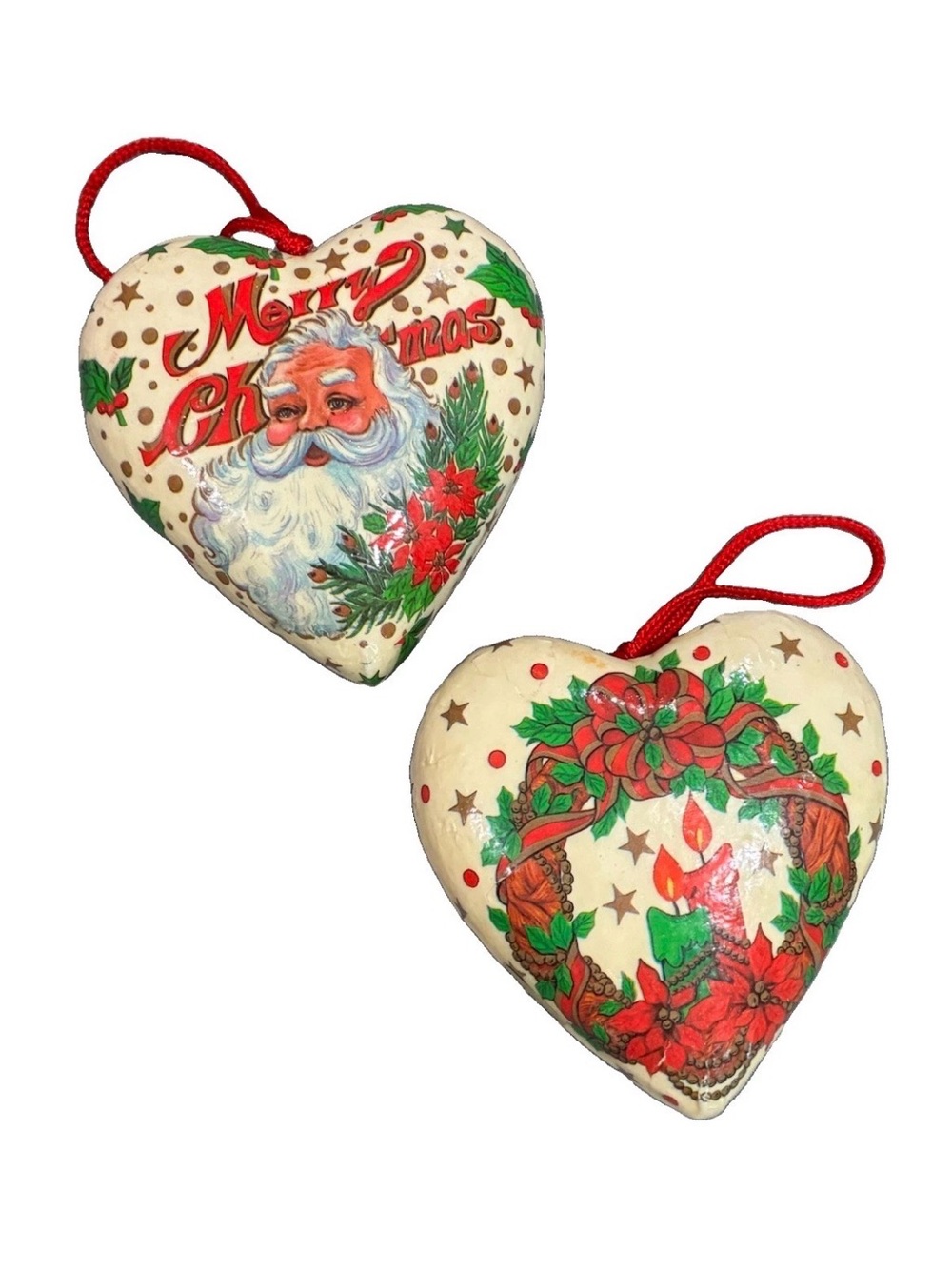 Vintage Paper Mache Heart Ornament Set - Cream and Red Vintage Santa & Wreat